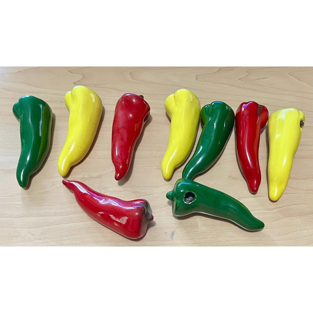 Vintage Ceramic Chili Pepper Whistles Set of 9 Red Yellow Green Folk Art Decor